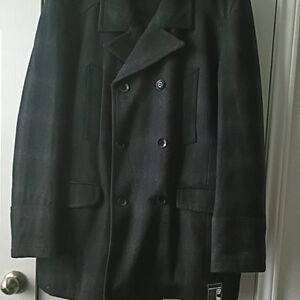 Men's Navy Plaid/Black Rivet Double-Breasted Peacoat XXL